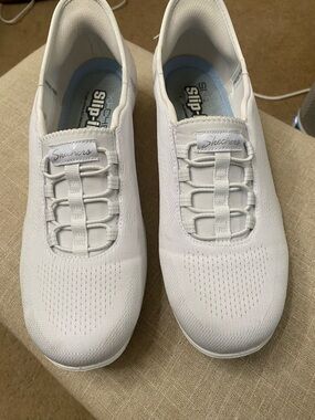 Skechers Women's White Slip-On Athletic Sneakers with Elastic Laces
